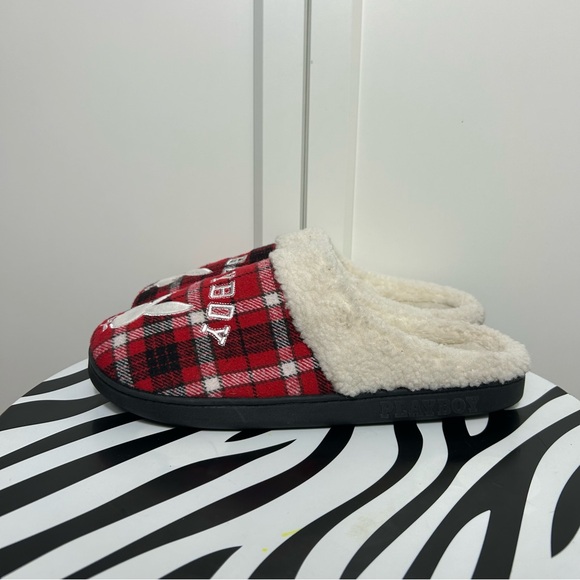 Playboy Plaid Red and Black Slippers with White Fleece Lining - Picture 3 of 8